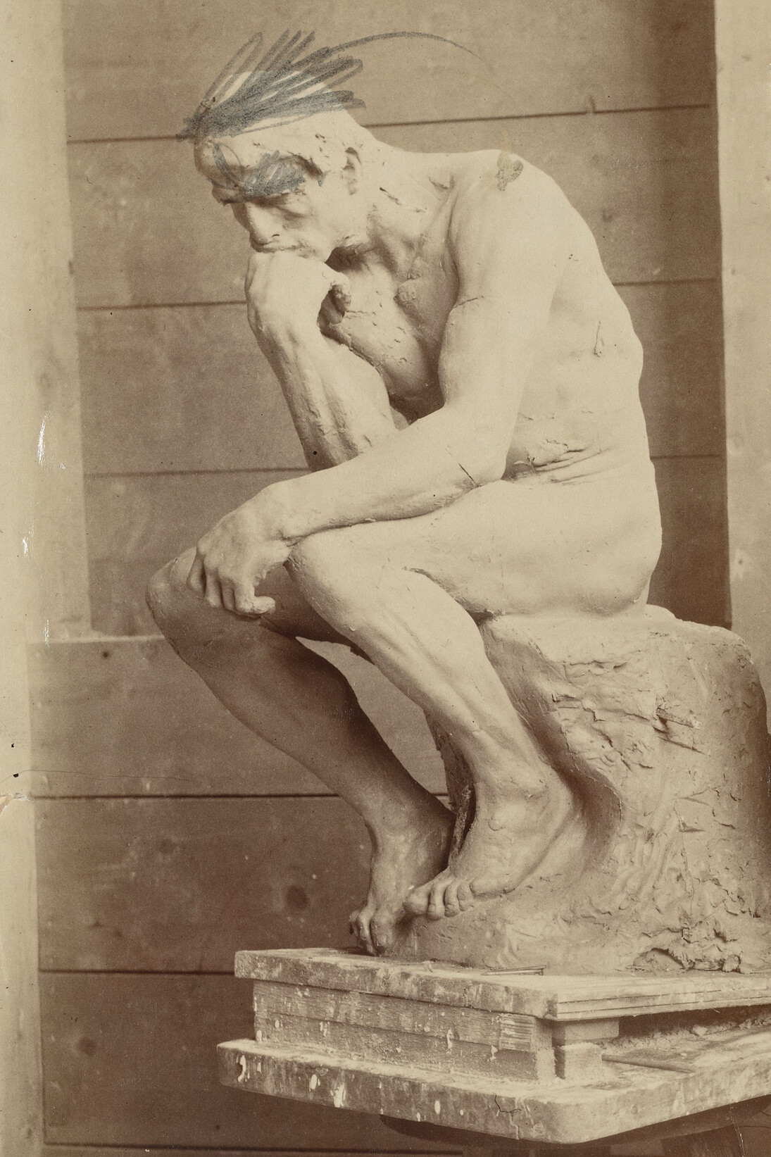 Victor Pannelier (1840- après 1907), Le Penseur en terre, retouche à la mine de plomb, Juillet 1882
épreuve sur papier albuminé, H. 24,20 L. 11,50 cm
Ph. 288