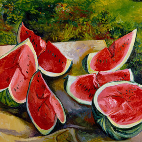 Renato Guttuso, Watermelons, 1986, Oil on canvas, 90 x 100 cm, Courtesy Galleria d’Arte Maggiore, Bologna