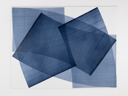 Four Blue Fan Shaped Lines 5, 2023, Acrylic on canvas, 102 x 132 inches, 260 x 335 cm. Courtesy of The Hole, Los Angeles