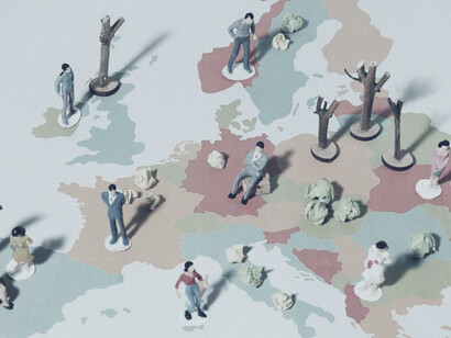 Top-down view of paper-style community illustrations depicting people across countries on a map of the European Union
