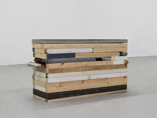 Finbar Ward, Untitled (Lid Painting), 2013, Acrylic and oil on linen, wood, concrete, caulk, emulsion, and staples, 130 x 65 x 40 cm