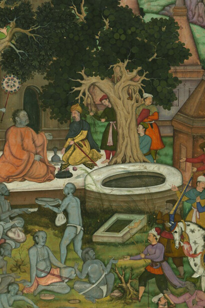 “Babur and His Warriors Visiting a Hindu Temple,” illustration from a late 16th-century manuscript of the Baburnama (Memoirs of Babur)