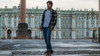 Man skates around Palace Square, St. Petersburg, Russia