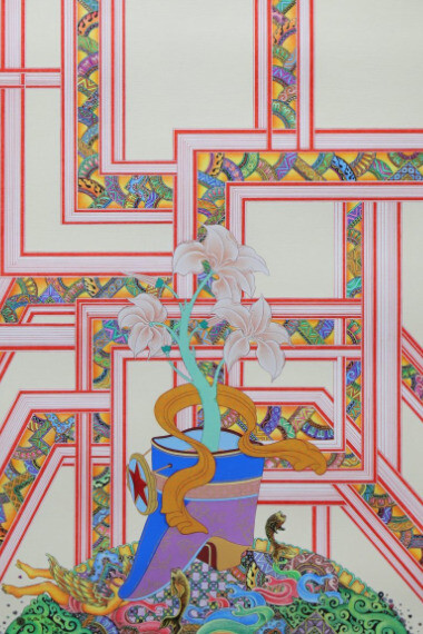 Tenzing Rigdol
Across Many Eons
2019
Acrylic, coloured pencil and ink on canvas paper 58.5 x 45.7 cm (23 x 18 in)
