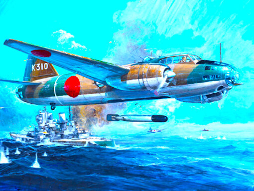 Ilustración que recrea el ataque de un Betty a un portaviones aliado
