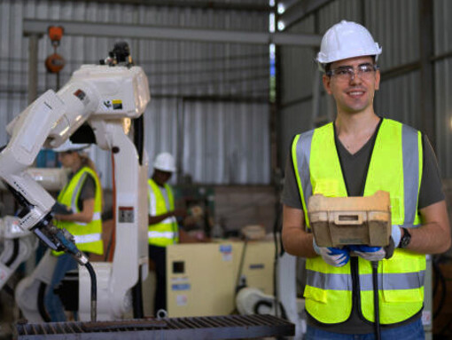 Engineers using welding robot arms in collaboration with AI, enhancing precision and efficiency in manufacturing processes
