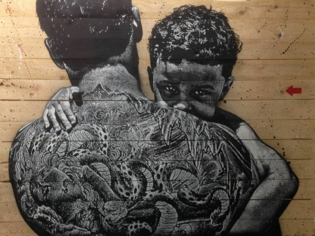 Jef Aérosol, father and son. Courtesy of Galerie Martine Ehmer