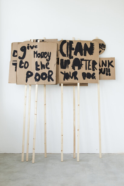 Peter Liversidge, Placards, Notes on Protesting 2014, Black Emulsion, Cardboard & wood