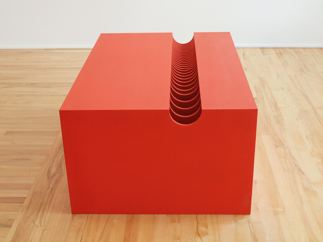Donald Judd, Untitled (DSS 41), 1963, Cadmium red light oil on plywood, 19 1/2 x 45 x 30 1/2 inches (49.5 x 114.3 x 77.5 cm). Art © Judd Foundation. Licensed by VAGA, New York, NY. Photo Credit: Photo Jeff Jahn. Courtesy Dominique Lévy Gallery, New York.