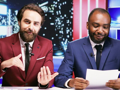 A night show host presents breaking newsroom footage and covers global current events, while a media correspondent delivers live reports on an international TV program