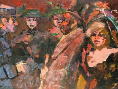 Mino Maccari, Cinque figure, anni '60, olio su tavola