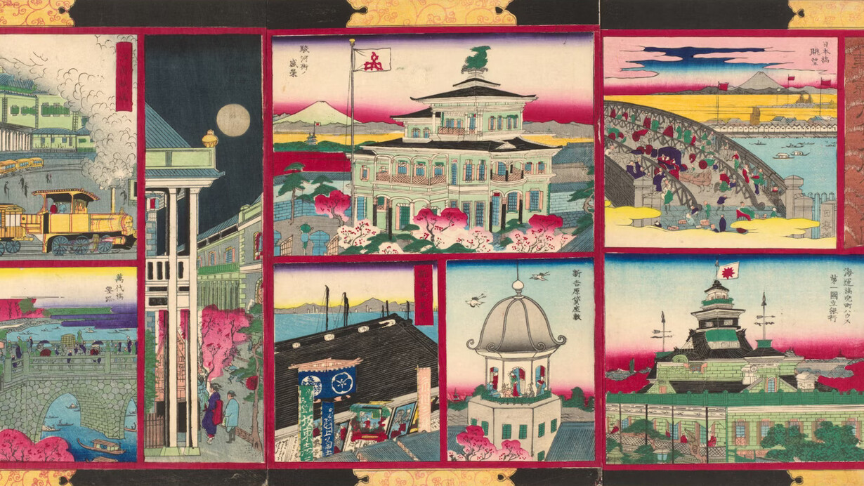 Utagawa Kunisada II, Eight Modern Views of Famous Places in Tokyo of Great Japan (Dai Nippon Tokyo kaika meisho hakkei no zu), 1875