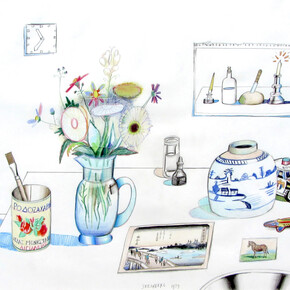 Saul Steinberg, Double Still Life, 1979, Colored pencil on paper, 21 1/2" x 29 1/2", Cover of Saul Steinberg's Still Life and Architecture, 1982 © The Saul Steinberg Foundation/ARS, NY