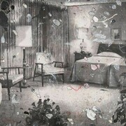 Carter, Selfsame area (although), 2010, Digitally altered and dated interior on folded and defaced laser prints, acrylic ink, acrylic paint, pencil, colored pencil, gel medium, and paper on canvas, 56 x 72 inches