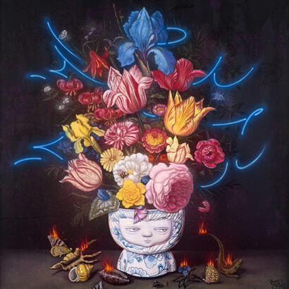 Alex Face, Blue Sun, 2023, acrylic, spray, oil on linen 120x120 cm, © 2023 Alex Face. Courtesy the artist, Bangkok CityCity Gallery and Dorothy Circus Gallery