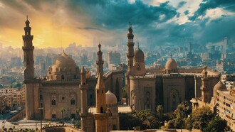 Cairo's historic mosques rising above the city skyline in Cairo, Egypt, representing architecture as a lasting expression of institutional identity and cultural heritage
