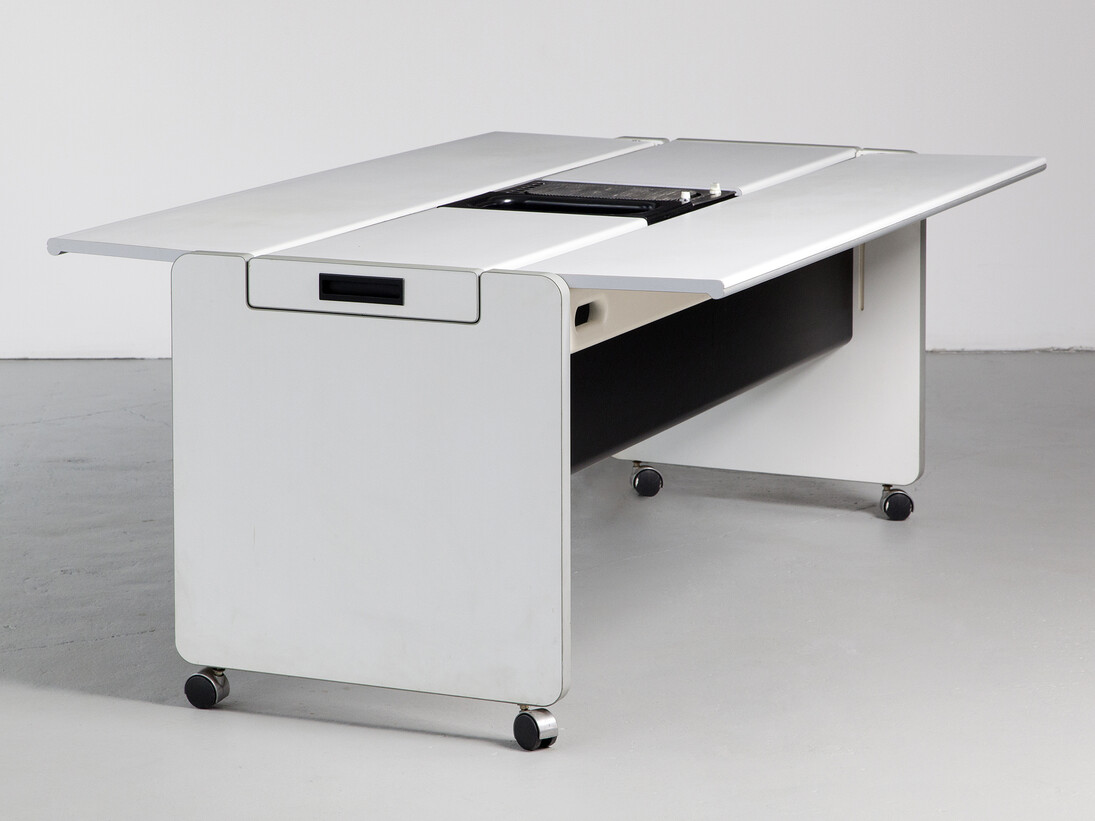 "Table Kitchen" from the "Living Center" in original white laminate, wood, electrical parts and cooking plates. Designed by Joe Colombo for Rosenthal, Germany, 1970. Photo by Sherry Griffin for R & Company
