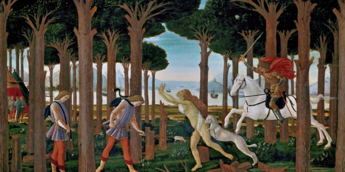 Escenas de La historia de Nastagio degli Onesti 1483. Técnica mixta sobre tabla, 83 x 138 cm.
