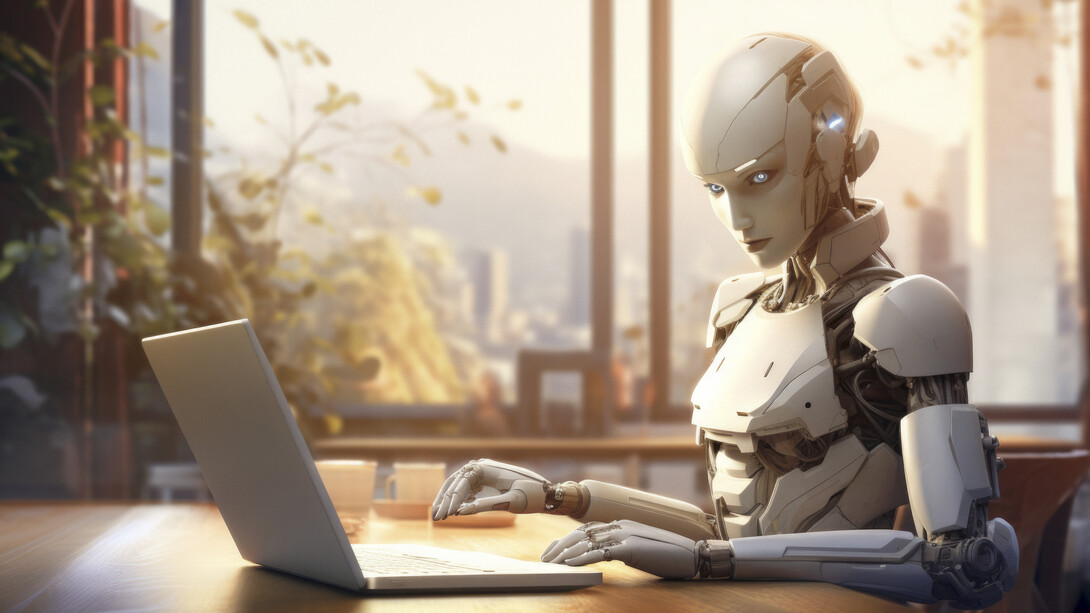 Office scene with a robot carrying out human work duties