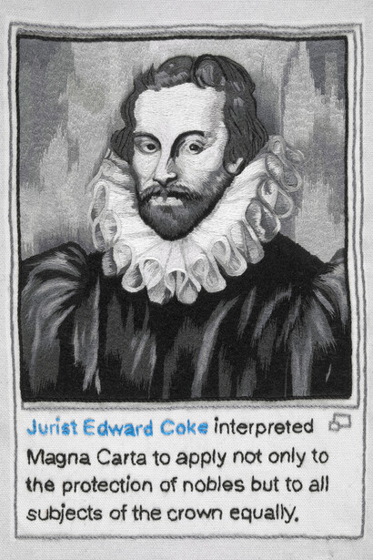 Jurist Edward Coke stitched Shirley Smith and Zita Szabo, Embroiderers’ Guild (Yorkshire and The Humber Region and Scottish Region), Photograph courtesy of British Library

