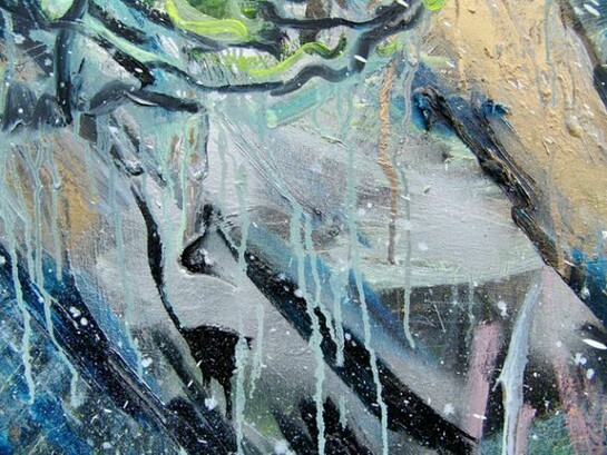 Shanna Waddell, "Bob (Satan)" 2013 (detail). Oil, spray paint and gift wrap on canvas, 67.5 x 90 in. Courtesy the artist and Thomas Erben Gallery, New York.