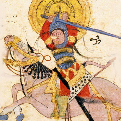 "Varka" lleva un tirkeş (contenedor de las flechas) que presenta un detalle significativo, está cubierto de piel de leopardo y viste una armadura de placas y algunas están pintadas con aguafuerte. Ilustración del libro "Varka y Gülşah", 1250, Anatolia, Turquía