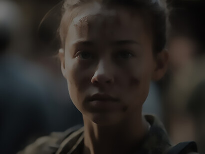A camera captures the poignant gaze of a woman marked by the scars of war, revealing both her strength and the harsh realities she has endured