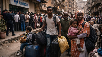 Sudanese refugees carrying their belongings move through a crowded Cairo street as many seek safety and legal status amid tightening asylum policies and growing uncertainty about their future in Egypt
