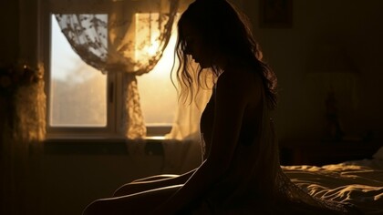 A woman sitting silently in the glow of a fading sunset, reflecting the loneliness that lingers after heartbreak