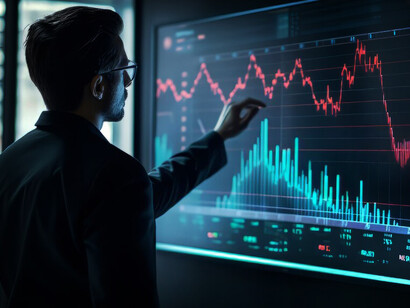 A businessman interacting with futuristic graphics, utilizing AI trading tools for stock market analysis and AI-driven analytics
