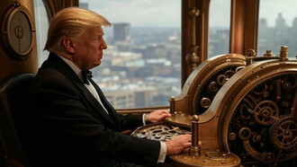 A rendition of President Donald Trump with an art-deco-styled machine