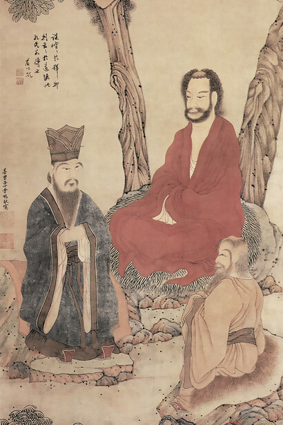 Confucius, Lao-tzu, and a Buddhist Arhat depicted in a painting by Ding Yunpeng