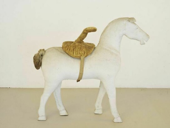Birgit Jürgenssen, Untitled (Horse), 1974, Papier maché, hair, tulle, velvet cushion, 61 x 65 x 16 cm, 24 1/8 x 25 5/8 x 6 1/4 ins