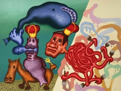 Peter Saul, Neptune and the Octopus Painter, 2013, Acrylic and oil on canvas, 183 x 244 cm, 72 x 96 in SAU/P 5, Copyright: VW (VeneKlasen/Werner), Berlin