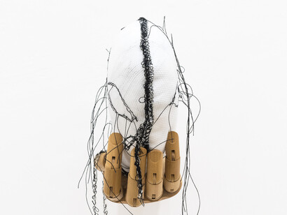 Mariantonietta Bagliato, Mannequeen, 2018, textile, stuffing, wood manikin hand, embroidery, 15 x 12 x 24 cm.