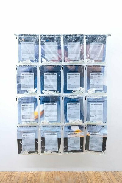 Allen-Golder Carpenter,
The Race 2, 2024,
plastic prison inmate bags, glass, cloth, tape, photocopy prints and steel,
60 x 48 x 13 in.
152.4 x 121.92 x 33.02 cm. Courtesy of the artist and No Gallery