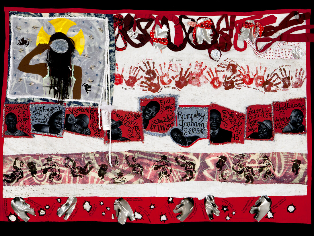 american Juju for the Tapestry of Truth, 2015, Mixed media on a textile impregnated on the spot in Staten Island where Eric Garner died while being placed under arrest. Created by artists from the Harlem Needle Arts cultural arts institute: Sahara Briscoe, Laura R. Gadson, and Jerry Gant, under the direction of Michelle Bishop, 66 x 98 inches