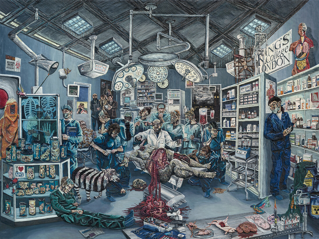 Henry Hudson, Plate 2, The Autopsy at King's College, varnished plasticine on board, 183 by 245 cm.; 72 by 96½in.
Executed in 2014