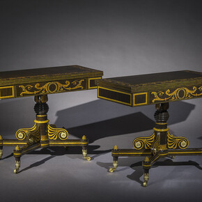 Pair Card Tables in the Neo-Classical Taste, about 1825, Attributed to John (1777–1851) and Hugh (1781–1830) Finlay, Baltimore, Maryland (active about 1800/01–30), Mahogany, maple, pine, and poplar, painted and paint-grained rosewood, and gilded, with gilt-brass toe caps and castors and die-stamped rosettes, and red velvet in the wells, 28 7/8 in. high, 35 7/8 in. wide, and 17 3/4 in. deep; open: 35 9/16 x 35 7/8 in. Photo credit: Eric W. Baumgartner