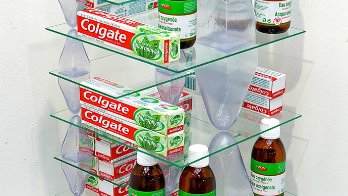 Patrick Jackson, Untitled (Colgate), 2013, Glass, "Colgate" tooth paste, medical water, plastic, 23 5/8 x 8 1/4 x 8 1/4 in. Courtesy Galerie GP & N Vallois, Paris