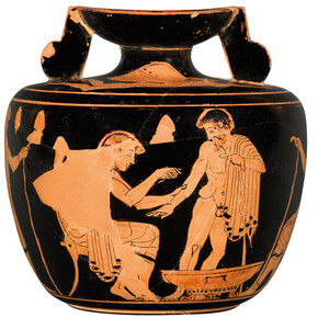 Πήλινος ερυθρόμορφος αρύβαλλος με παράσταση ιατρού που εκτελεί φλεβοτομή στον βραχίονα του ασθενή. Επώνυμο αγγείο του Ζωγράφου της Κλινικής. 480-470 π.Χ., Παρίσι, Μουσείο Λούβρου © RMN- Grand Palais (Musée du Louvre). Photo Stéphane Maréchalle