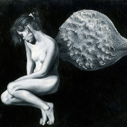 José Molina, La cacciata dal paradiso, 2015, collezione Beloved Earth, matita grassa su carta, cm 67x83,5 © Ernesto Blotto