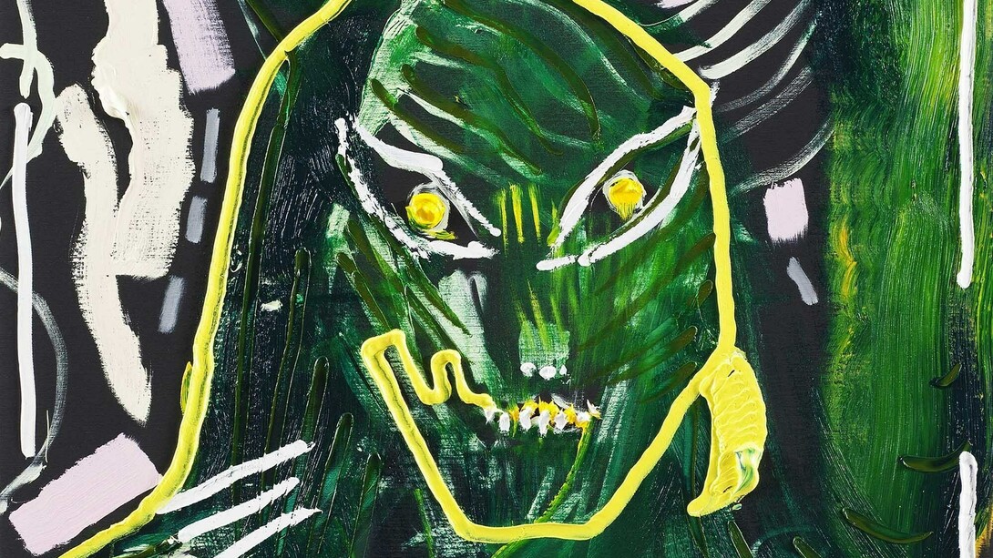 Jonathan Meese, "ZEDOZ, DER GRÜNE UNHEIMLICHE RUFT DICH HEUTE AN..." 2014, oil and acrylic on canvas, 100.5 x 80.3 x 3.3 cm, 39 5/8 x 31 5/8 x 1 1/4 ins (detail), Copyright the artist; Courtesy the artist and Stuart Shave/Modern Art, London