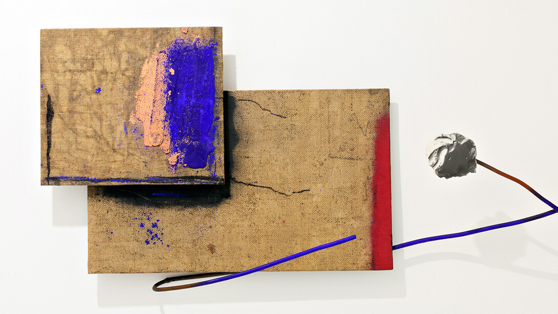 GASTINI, Uscita con due, 2006-2007, tecnica mista su tela, ferro e gesso, 47x93 cm circa