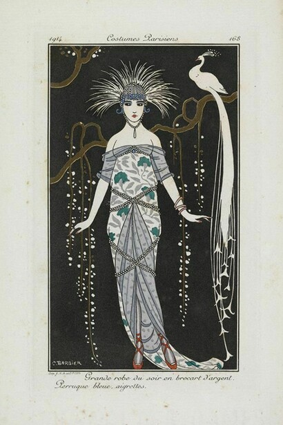 Grande robe du soir en brocart d'argent, George Barbier, from Journal des Dames et des Modes, 1914, Paris, France © Trustees of the Chester Beatty Library