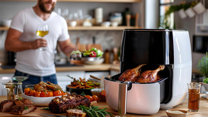 A modern air fryer filled with food sits on the counter, with a man drinking wine in the background, creating a scene that blends technology, cooking, and contemporary kitchen appliances