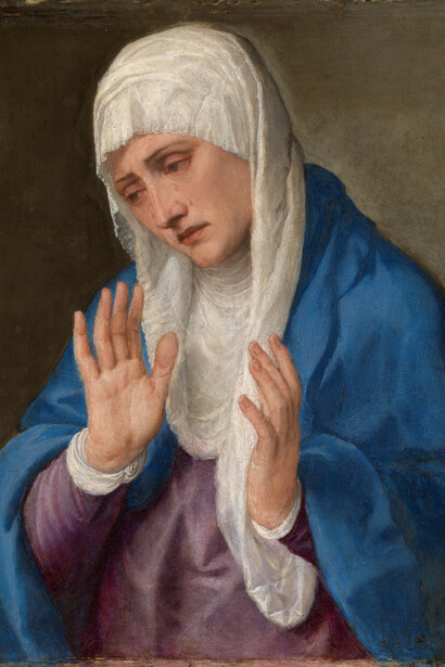 La Dolorosa con las manos abierta, Tiziano, Vecellio di Gregorio, Óleo sobre mármol, 68 x 55 cm | 1,9 x 2 cm grosor, 1555. Madrid, Museo Nacional del Prado