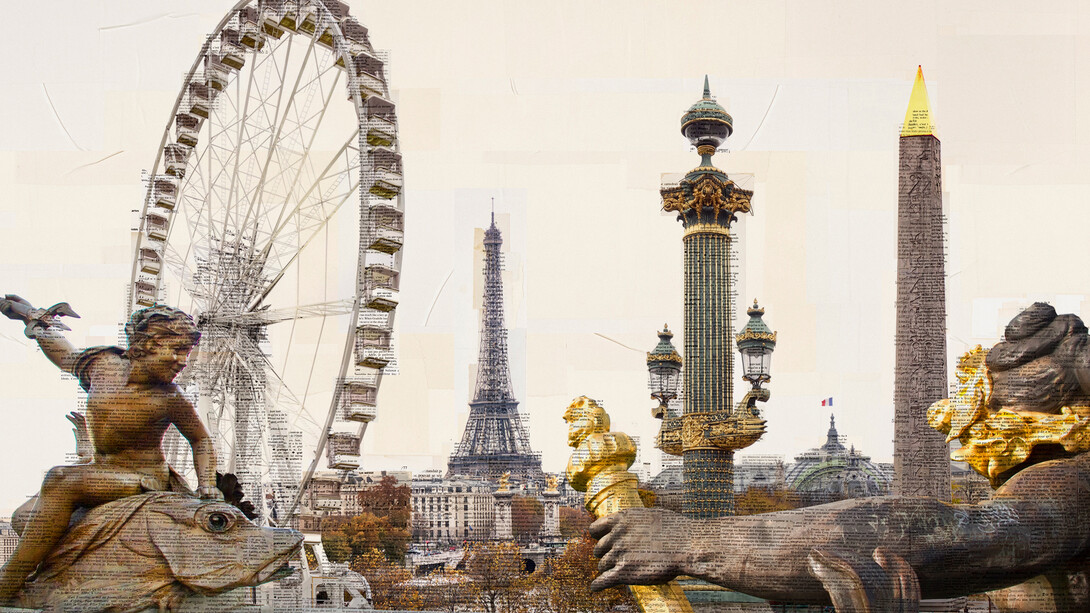 Parigi, I piantatori di monumenti. Stampa fotografica su collage di pagine di libri d'epoca, op. 1 di 5, 100x150x4 cm, 2015, courtesy: Costantini Art Gallery - Must Gallery
