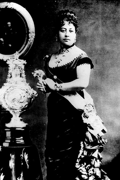 Queen Emma with the silver christening font for her son, Albert Kamehameha, a gift from Queen Victoria