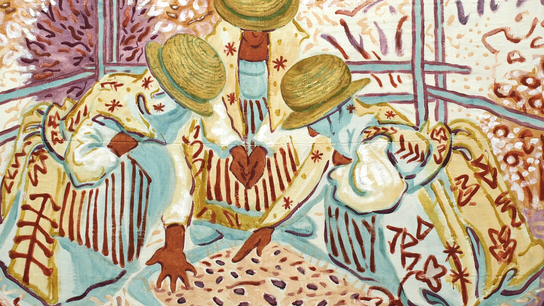 Holmwood, Sigrid 'Examining Soil', 2015, Shite yellow made from buckthorn berries; red made from madder roots; Mayan blue made from woad; purple made from cochineal be